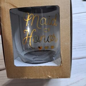 Maid of Honor Stemless Wine Glass with Gold Lettering Box Has Wear
